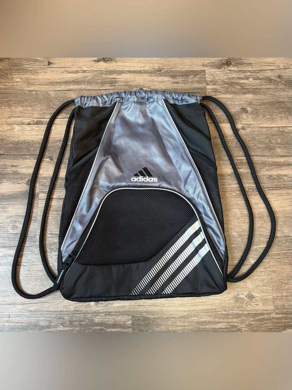 adidas Black and Silver Drawstring Backpack with Front Zip Pocket